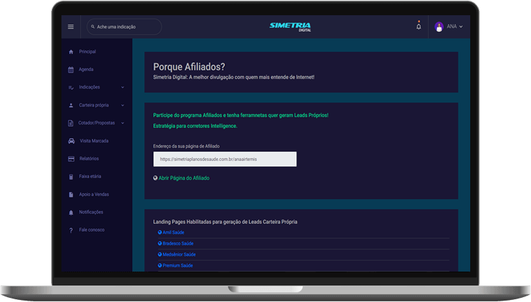 Dashboard da Plataforma Afiliados